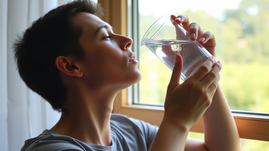 Person drinking water from glass near window, hydration focus, healthy lifestyle, peaceful morning moment, natural light streaming in, wellness routine