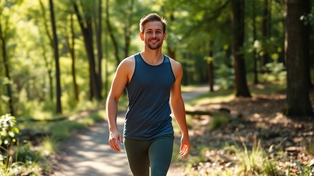 Person walking on nature trail through forest, dappled sunlight, peaceful expression, athletic casual wear, surrounded by green trees and natural landscape, wellness movement