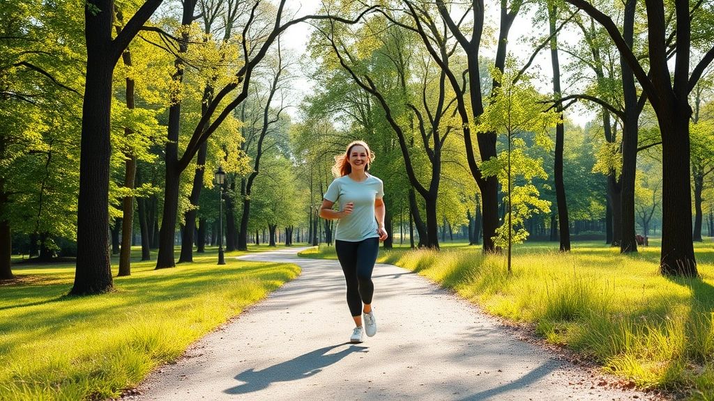 Person walking peacefully through a serene natural park or forest path, surrounded by green trees and natural scenery, appearing calm and energized during morning exercise