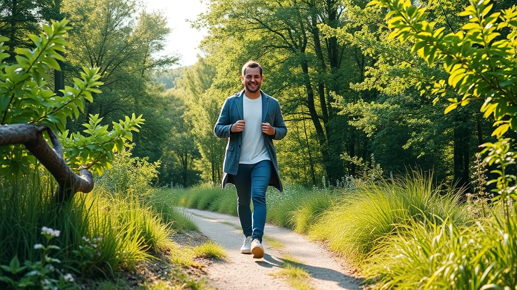 Adult walking outdoors on nature trail surrounded by green trees and plants, morning sunlight, peaceful movement in natural environment, happy healthy lifestyle