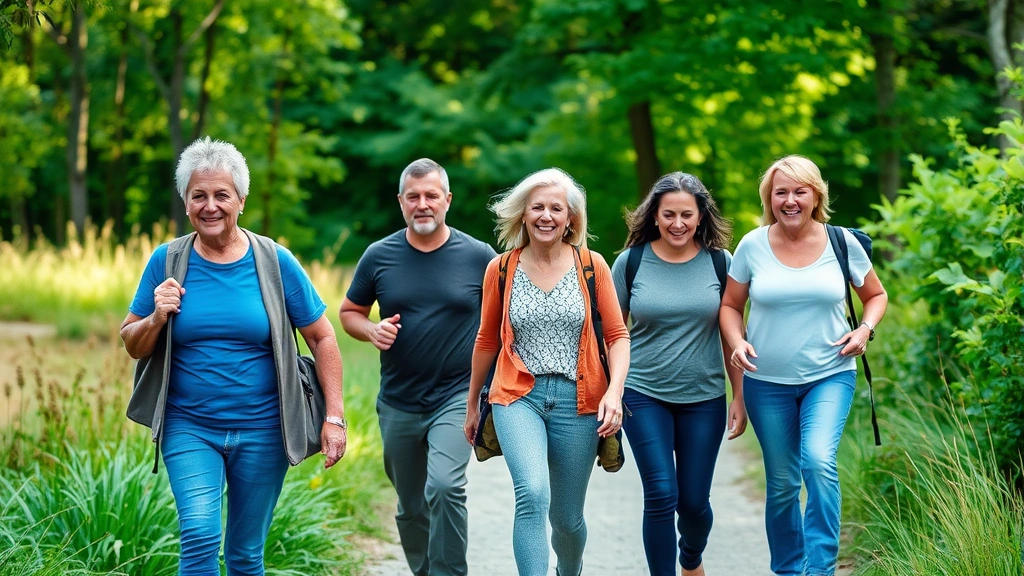 Group of people walking outdoors on nature trail, diverse ages, smiling, movement and community wellness focus