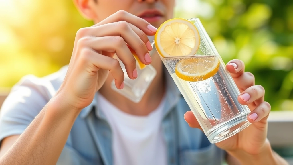 Person drinking water from glass with fresh lemon, healthy hydration lifestyle, morning wellness routine in natural sunlight