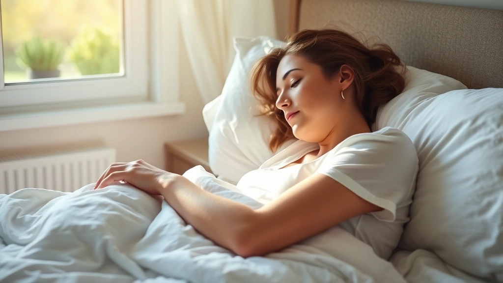 Woman sleeping peacefully in comfortable bed with natural morning light coming through window, serene bedroom environment, rest and recovery
