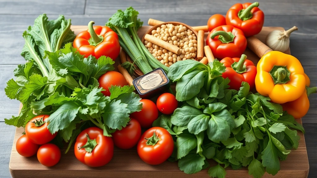 Colorful vegetables and whole foods arranged on wooden cutting board, fresh leafy greens, tomatoes, bell peppers, legumes, natural lighting, abundance of nutritious ingredients