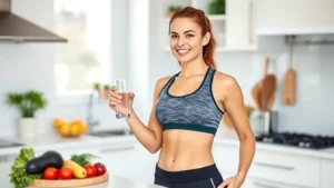 A woman in athletic wear smiling while holding a glass of water in a bright, modern kitchen with fresh vegetables on the counter, representing hydration and healthy nutrition during weight loss