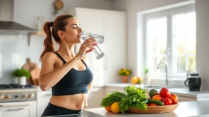 A woman in workout attire drinking water from a glass bottle in a bright, modern kitchen with fresh vegetables and fruits on the countertop, natural morning light streaming through windows, peaceful and energized expression