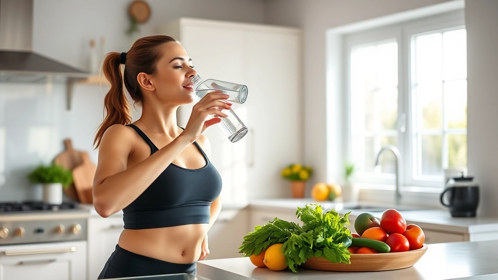 A woman in workout attire drinking water from a glass bottle in a bright, modern kitchen with fresh vegetables and fruits on the countertop, natural morning light streaming through windows, peaceful and energized expression