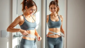 Woman measuring waist with tape measure, smiling at mirror, natural bathroom lighting, wearing comfortable workout clothes, realistic body transformation progress visualization