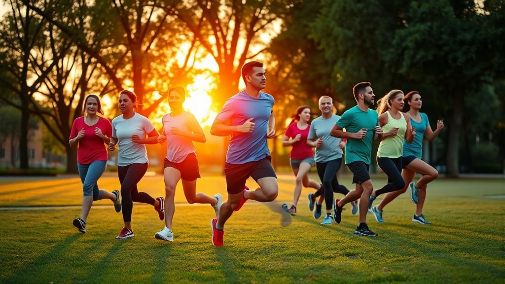 A diverse group of people exercising outdoors during sunrise, jogging and stretching together in a park, symbolizing sustainable fitness and healthy lifestyle habits