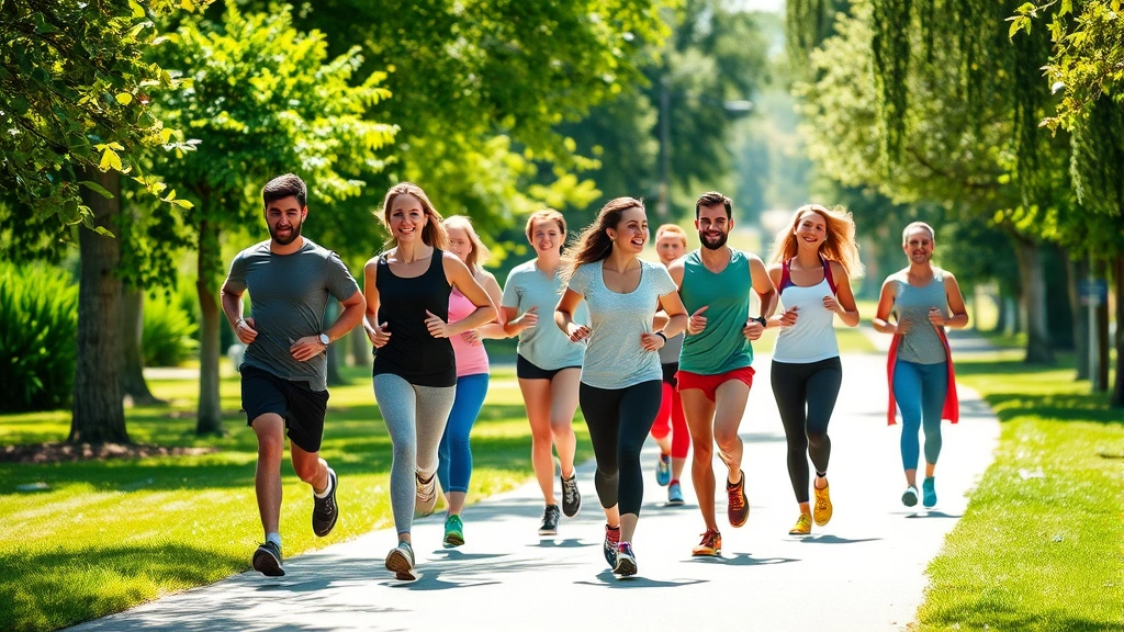 A diverse group of people jogging outdoors on a sunny park trail, surrounded by green trees and grass, showing active lifestyle and wellness, genuine smiles and varied body types
