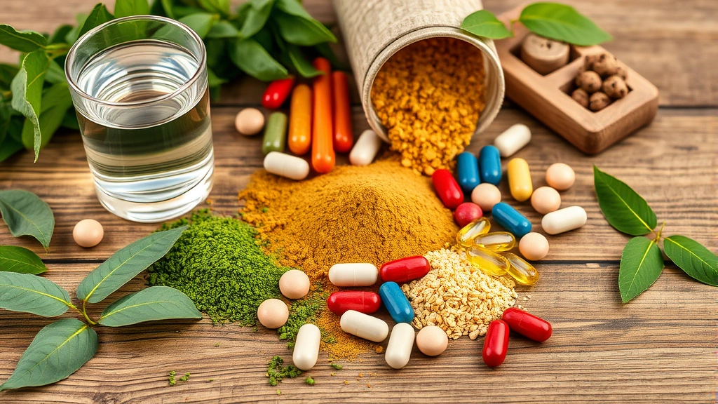Colorful supplements and natural ingredients including green tea leaves, fiber powder, and capsules arranged on wooden surface with water glass, wellness product lifestyle photography