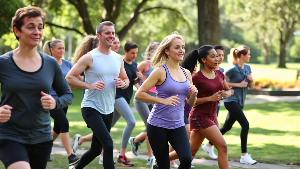 Diverse group of people exercising together outdoors in park, jogging and stretching, wellness community atmosphere