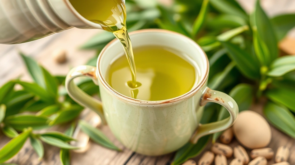 A close-up of fresh green tea being poured into a ceramic cup with steam rising, surrounded by green tea leaves and wellness elements, representing natural supplement ingredients and healthy beverage choices