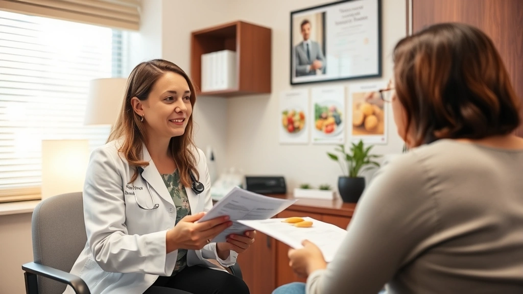 A registered dietitian consulting with a patient in a professional medical office, reviewing nutritional information and wellness goals, warm lighting, trust and expertise evident, paperwork and healthy food images visible