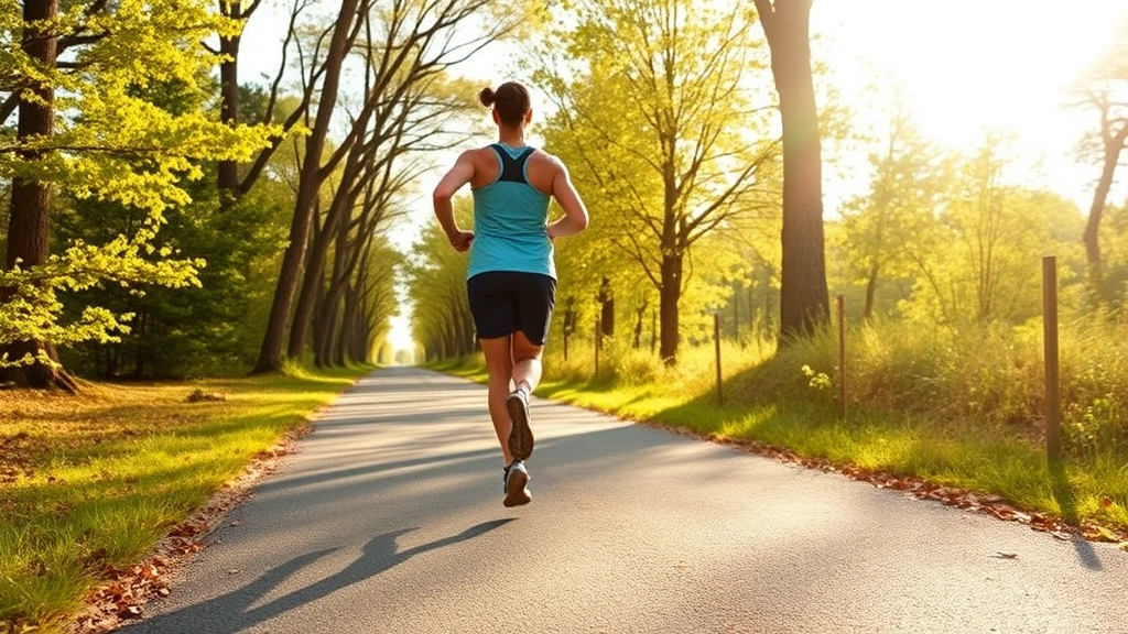 Person jogging outdoors on sunny path through trees, athletic wear, healthy active lifestyle, natural movement captured mid-stride, energetic wellness scene