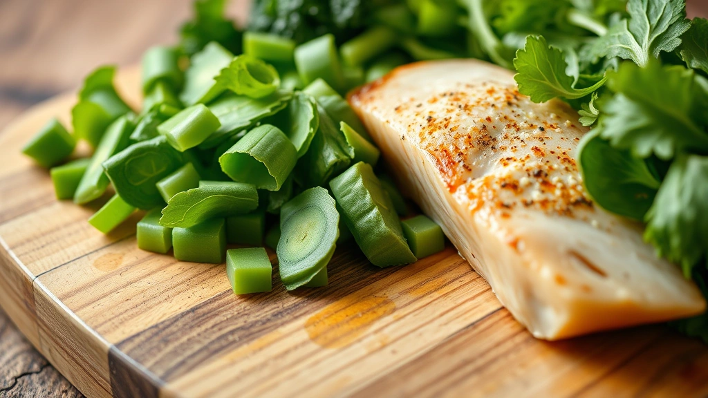 Close-up of fresh green vegetables and lean protein on wooden cutting board, healthy meal preparation scene