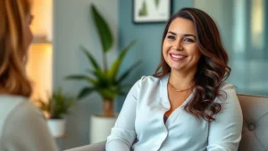 Professional woman sitting in modern wellness clinic receiving weight loss coaching consultation from female health coach, warm lighting, supportive environment, no charts or text visible