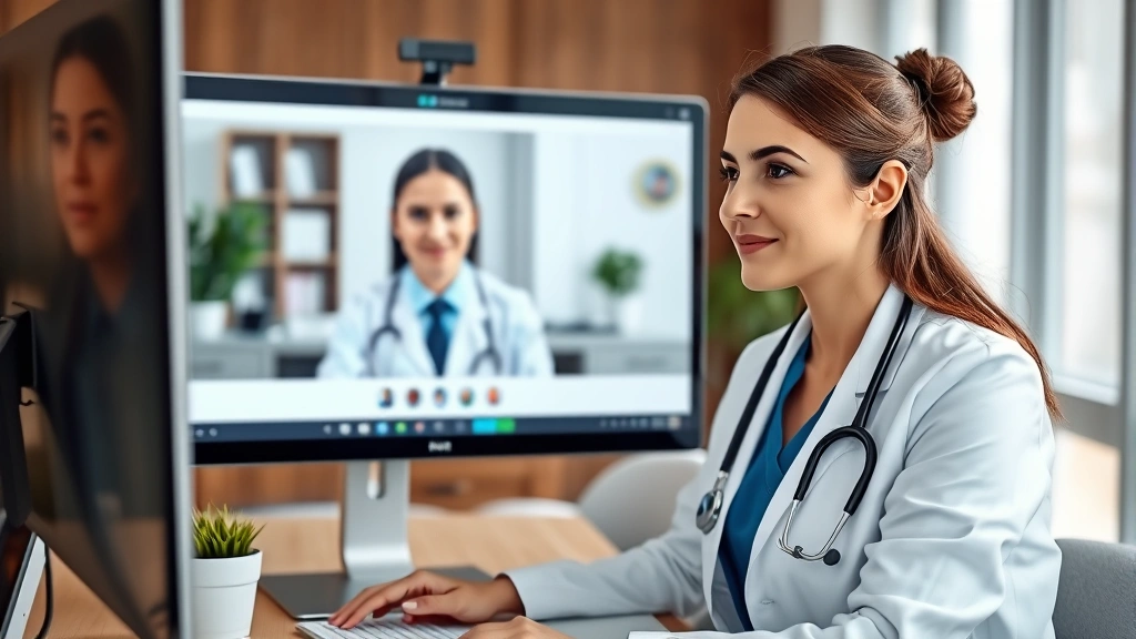 Female healthcare provider in white coat conducting virtual video consultation on computer screen, warm professional setting, modern office background, patient visible on screen