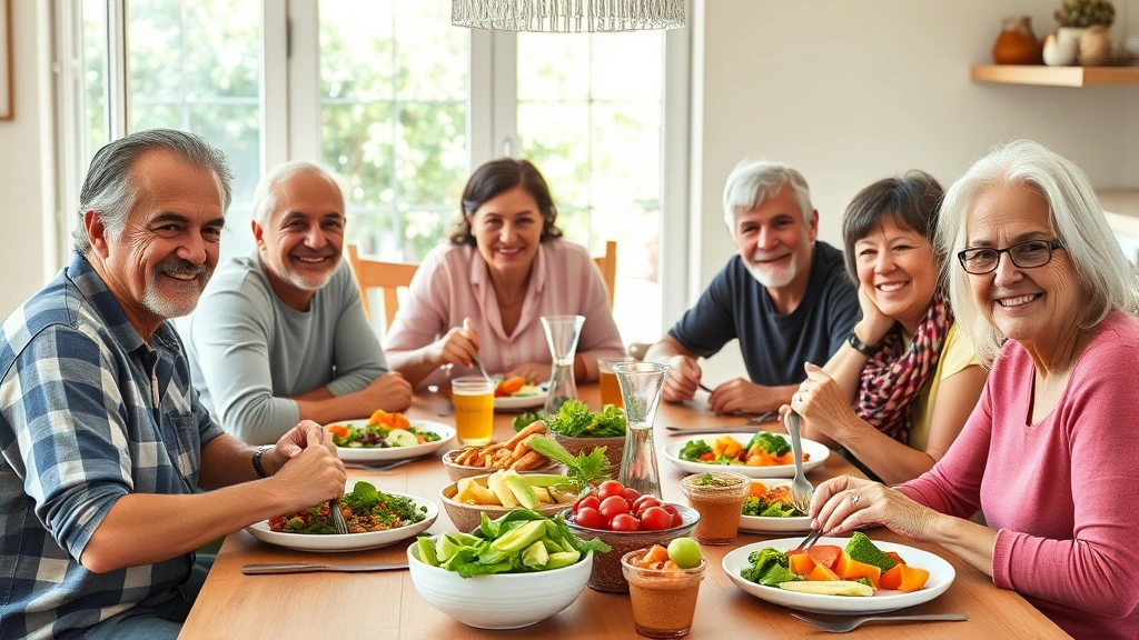 Diverse group of healthy adults enjoying meal together at dining table, colorful nutritious food, natural light, genuine smiles, wellness-focused atmosphere, no meal plans or labels