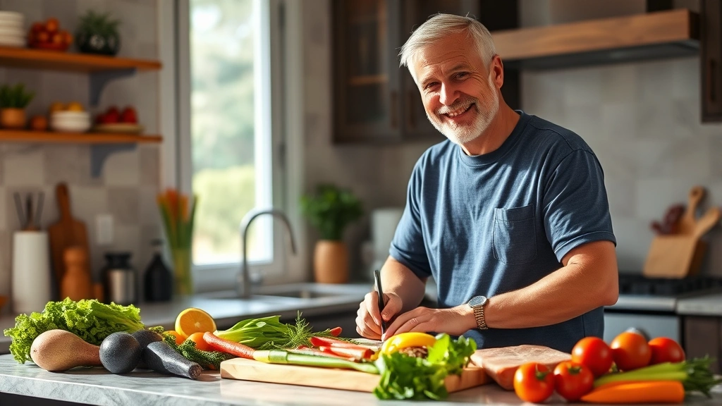 Middle-aged man smiling while preparing fresh vegetables and lean protein on kitchen counter, healthy meal preparation, natural lighting from window, colorful fresh ingredients