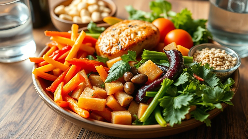 Close-up of nutritious meal on wooden table with colorful vegetables, lean protein, whole grains, and water glass, warm natural lighting, appetizing presentation