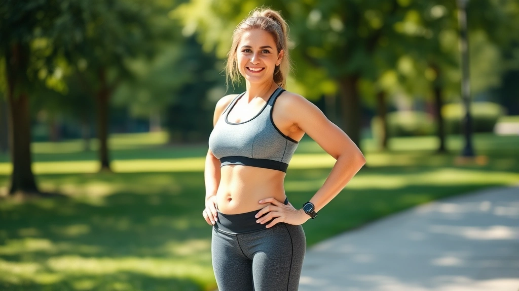 Woman in athletic wear standing confidently after successful weight loss journey, outdoor park setting, bright natural daylight, healthy wellness appearance