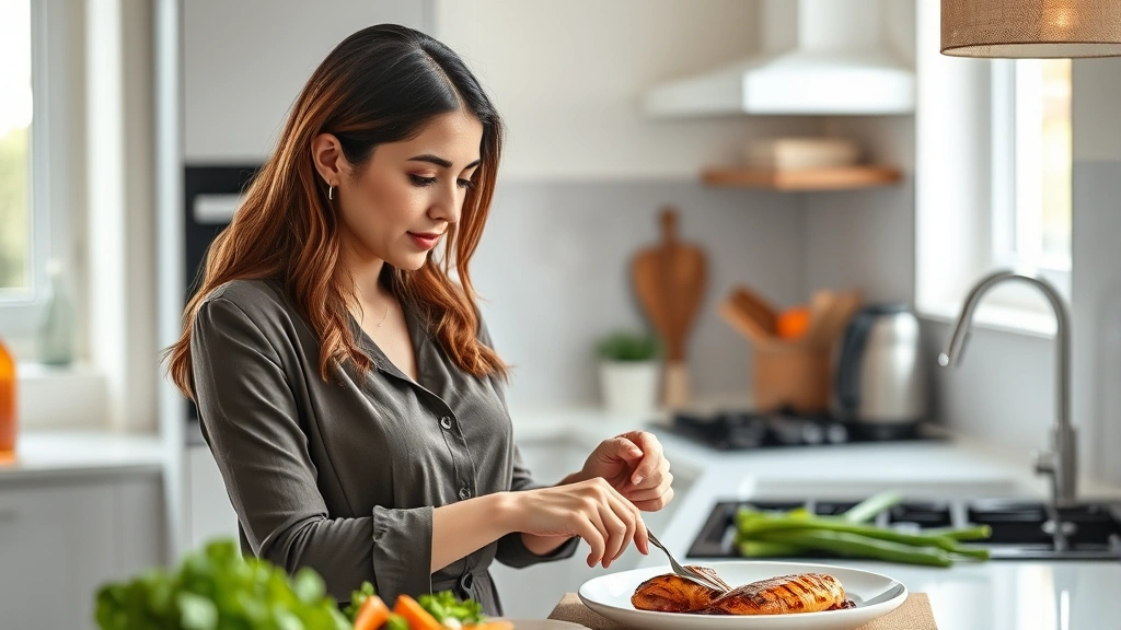 Woman in professional attire preparing a healthy meal in a modern kitchen, fresh vegetables and grilled chicken visible, natural lighting from window, calm focused expression
