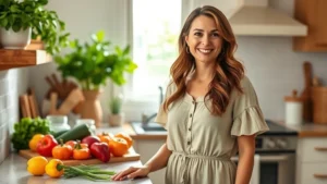 Warm, smiling woman in casual Southern dress standing in a bright kitchen with fresh vegetables and herbs on the counter, natural window light, authentic kitchen environment, health-focused wellness setting