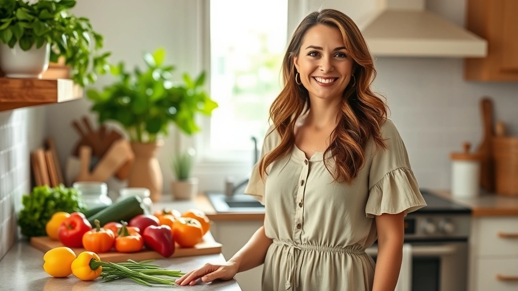 Warm, smiling woman in casual Southern dress standing in a bright kitchen with fresh vegetables and herbs on the counter, natural window light, authentic kitchen environment, health-focused wellness setting
