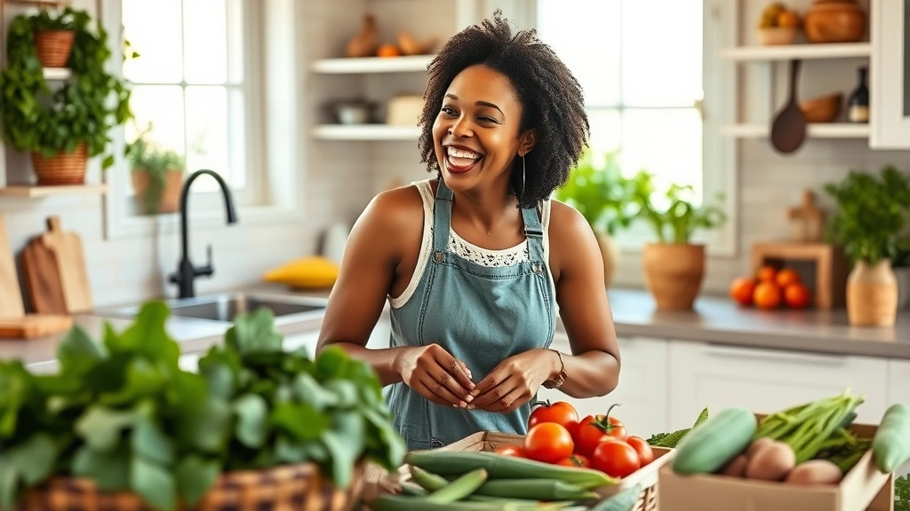 Woman in bright kitchen laughing while preparing fresh Southern vegetables—collard greens, okra, tomatoes, sweet potatoes—with natural window light, healthy wholesome atmosphere