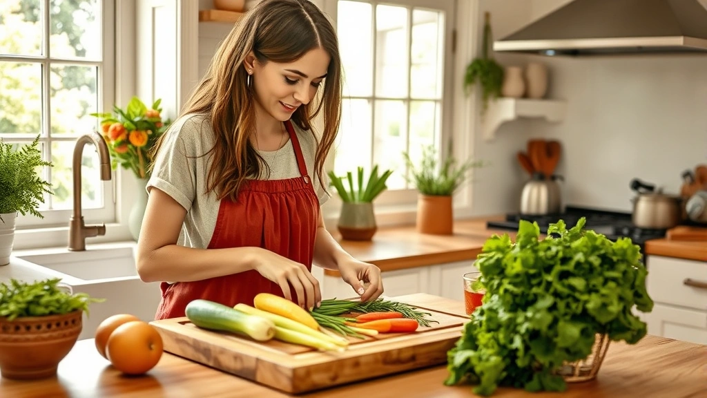 Woman in a bright Southern kitchen preparing fresh vegetables and herbs on a wooden cutting board, natural window light, warm welcoming atmosphere, photorealistic, healthy cooking scene