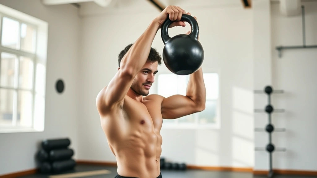 Person performing a kettlebell swing in a bright gym with natural light, showing proper form and strength, athletic build, energized expression, clean minimalist gym background