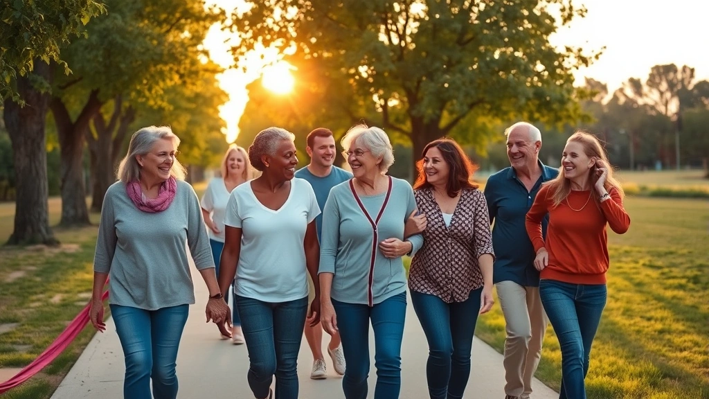 Group of diverse people of various ages walking together outdoors on a tree-lined path during golden hour, smiling and conversing, community support and movement, joyful wellness atmosphere