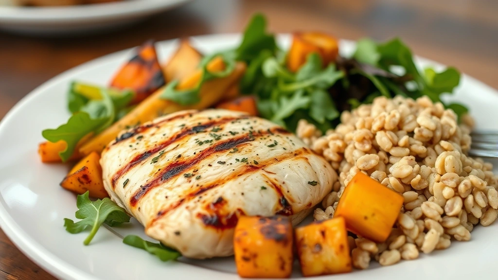 Beautifully plated Southern meal: grilled chicken breast, roasted vegetables, fresh greens, whole grain side, colorful and appetizing on white plate, home dining setting