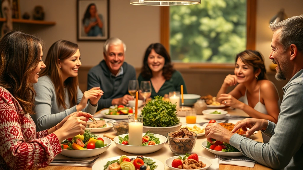 Family gathering around a dinner table with colorful vegetable-based dishes, fresh salads, and lean proteins, everyone smiling and conversing, warm lighting, genuine connection moment, photorealistic