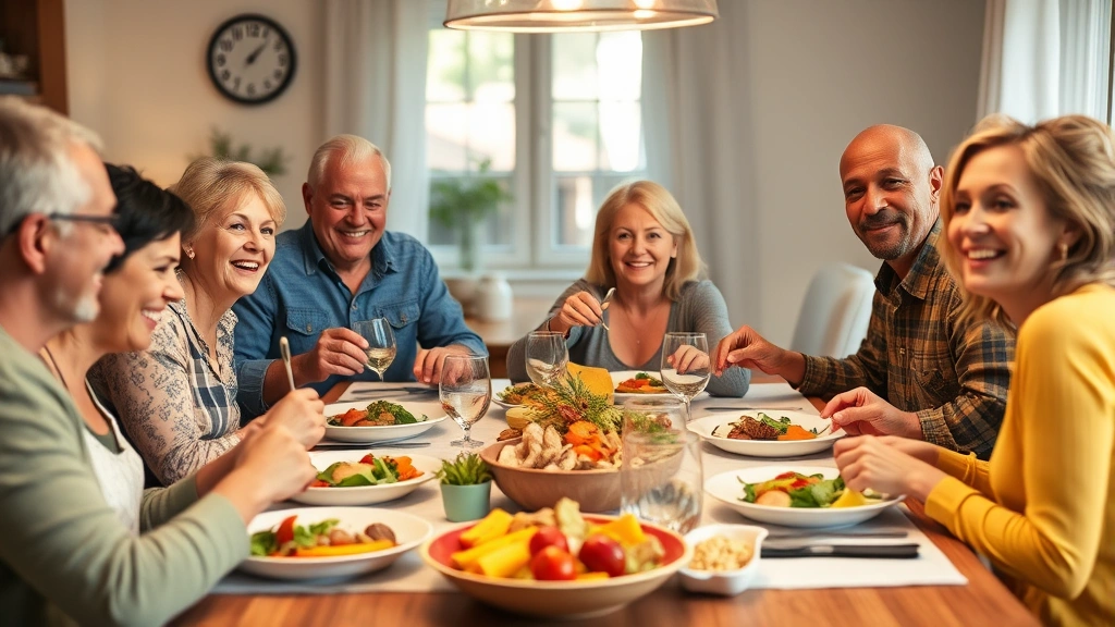 Happy family gathered around dining table enjoying healthy Southern-style meal together, warm lighting, genuine smiles, community and togetherness, diverse ages