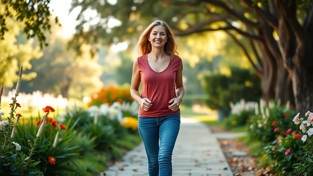 Woman walking through a scenic Southern garden or park pathway, healthy posture, confident expression, natural outdoor setting with trees and flowers, morning or golden hour light, wellness and vitality