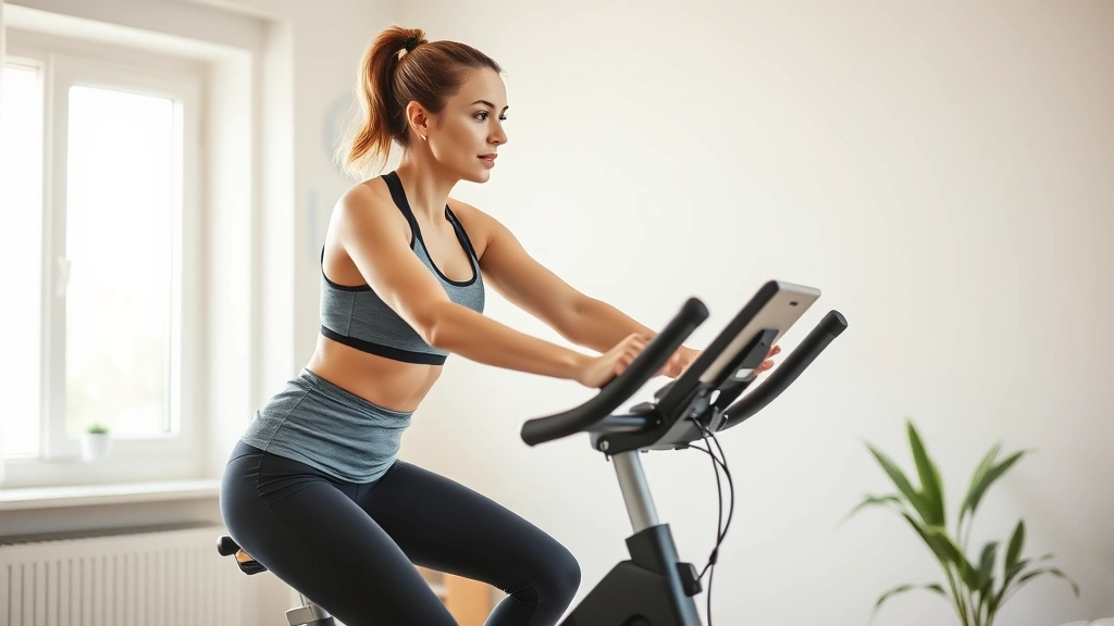 Woman on stationary exercise bike indoors, pedaling with focused expression, bright natural light from window, athletic wear, health-conscious home gym setting, morning workout scene