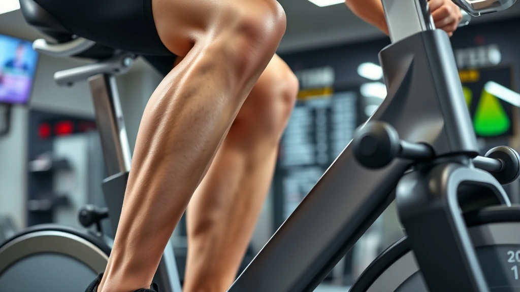 Close-up of cyclist's legs on exercise bike, showing leg muscle engagement, resistance adjustment knob visible, modern gym equipment, professional lighting, fitness tracking display blurred in background