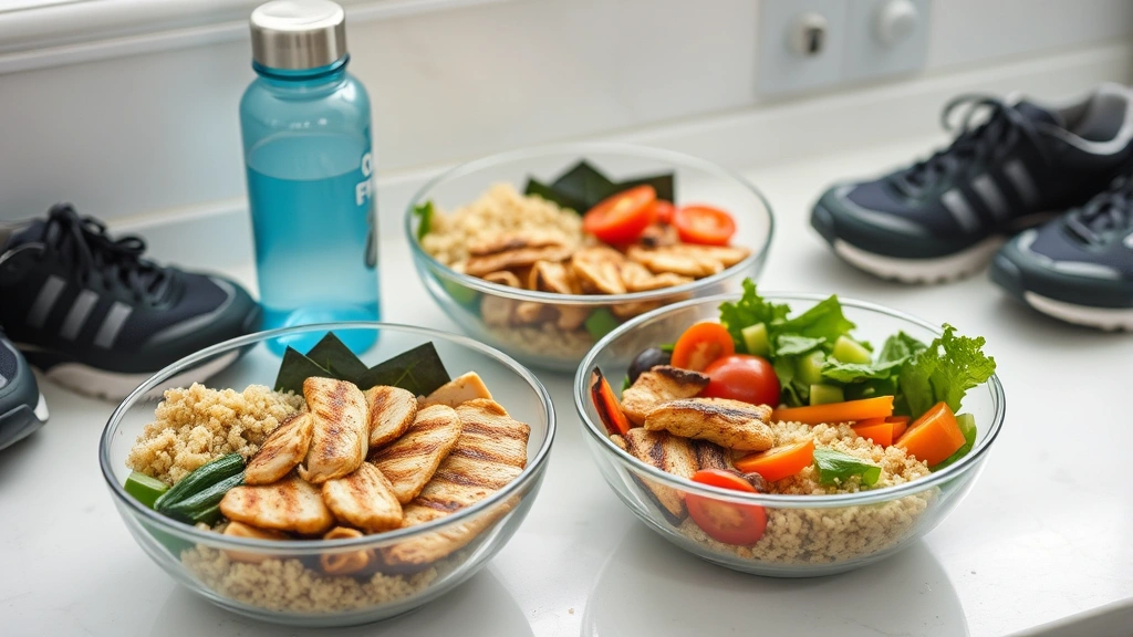 Healthy meal prep bowls with grilled chicken, quinoa, and fresh vegetables beside water bottle and cycling shoes, clean kitchen counter, wellness lifestyle composition