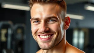 Fit man with defined jawline and sharp cheekbones smiling confidently at camera, professional portrait lighting, healthy glowing skin, modern gym background