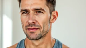Fit middle-aged man with defined jawline and clear skin, confident posture, natural lighting, wearing casual athletic wear, healthy complexion, close-up of face showing facial structure definition