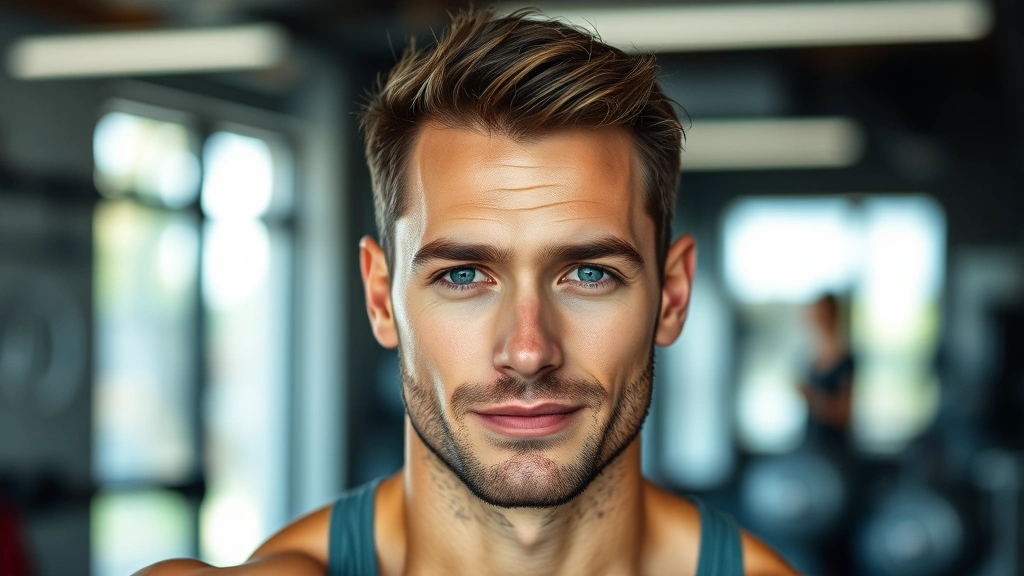 A fit man in his 30s with defined facial features and clear jawline, looking directly at camera with confident expression, natural lighting, gym or fitness setting background