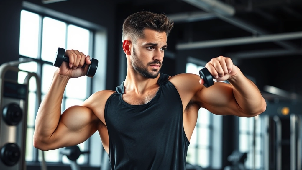 Fit man performing resistance training exercise with proper form, focused expression, well-lit gym environment, showing strength and dedication to fitness