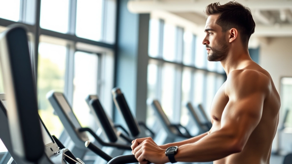 Man performing cardio exercise on modern equipment in bright fitness facility, concentrated expression, athletic build, natural daylight through windows