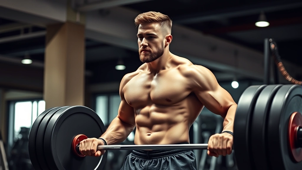 Man performing barbell deadlift in modern gym setting with proper form, strong muscular physique, focused expression, professional lighting, showing strength training exercise