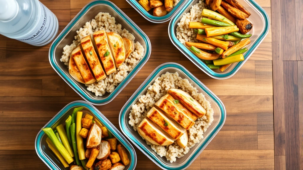 Overhead shot of healthy meal prep containers with grilled chicken breast, brown rice, and roasted vegetables, arranged on wooden table with water bottle nearby