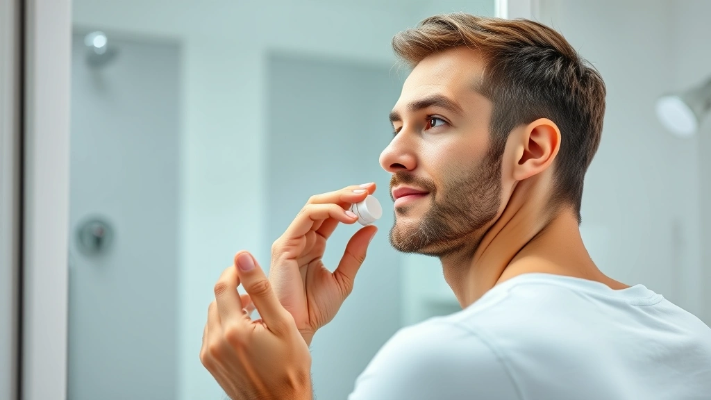 Man applying skincare moisturizer to face in modern bathroom, looking in mirror, healthy glowing skin, professional grooming routine, well-lit space, wellness and self-care focus, photorealistic.