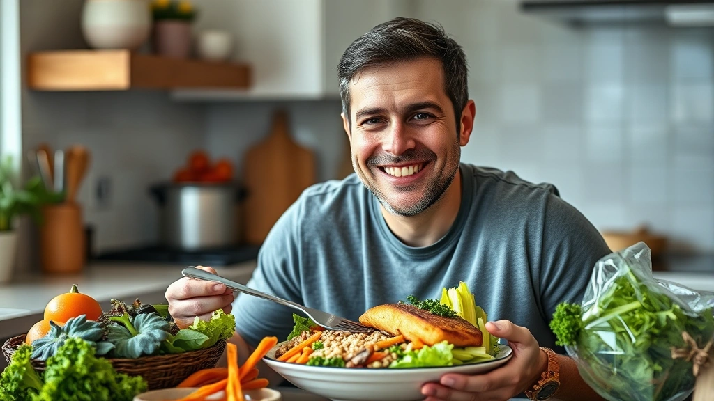 Man enjoying nutritious meal with fresh vegetables, lean protein, and whole grains, natural kitchen lighting, healthy lifestyle context, satisfied expression