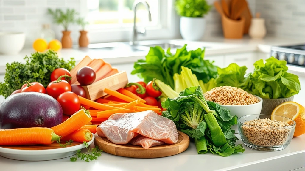 Healthy meal preparation scene with lean proteins, colorful vegetables, and whole grains on white kitchen counter, fresh ingredients, natural morning light